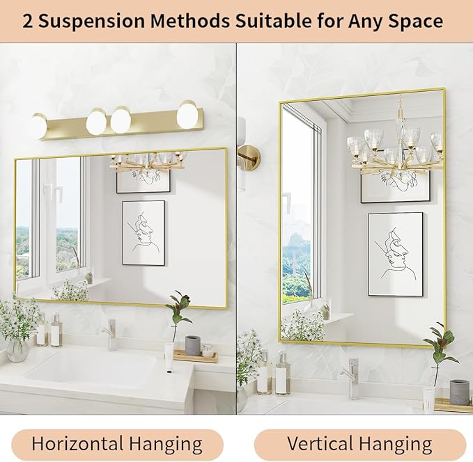 Koonmi Gold Mirrors for Wall, 24x36 Inch Bathroom Mirror, Rectangular Wall Mirror for Living Room Bedroom Bathroom, Hangs Horizontally or Vertically