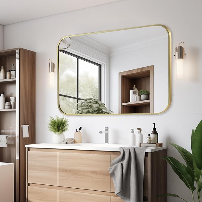 40x30 Inch Gold Bathroom Mirror, Brushed Gold Metal Framed Rectangular Mirror with Rounded Corner, Bathroom Vanity Mirror for Bedroom or Living Room, Horizontal/Vertical