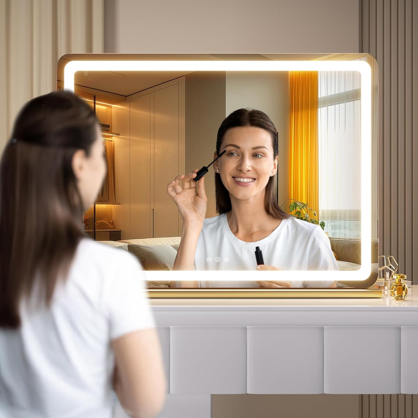 Hasipu Vanity Mirror with Lights and Bluetooth Speaker, 32" x 21.7" LED Makeup Mirror, Lighted Makeup Mirror with Dimmable 3 Modes, USB Charging Port, Round Gold