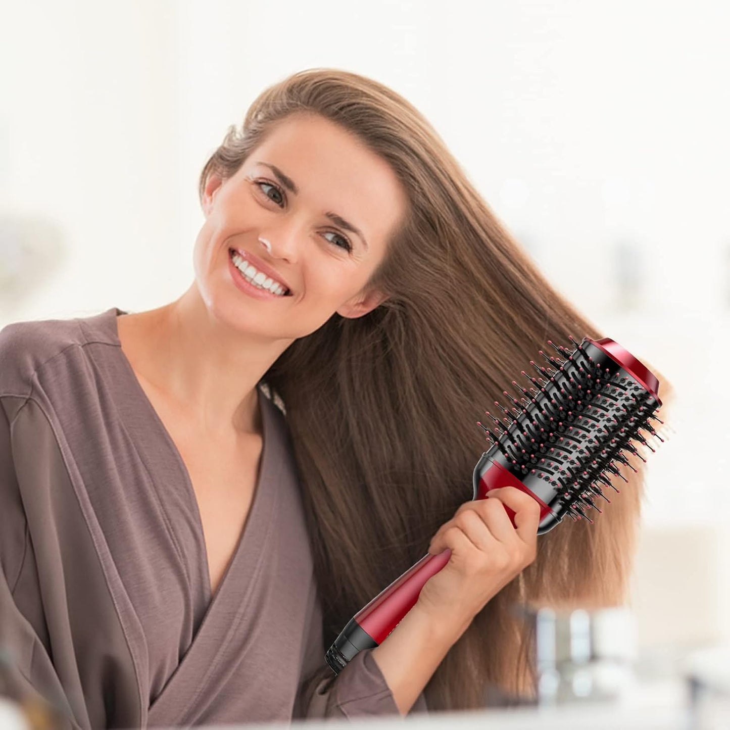 Beautimeter Blow Dryer Brush, Hot Air Brush One Step Hair Dryer and Styler Volumizer, 4 in 1 Negative Ionic Hair Styler with Oval Barrel for Smooth, Frizz-Free Hair Types, Red & Black