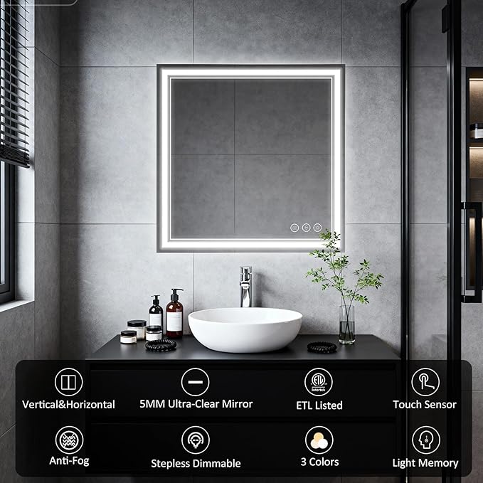 LED Bathroom Mirror 30"x30", 3 Colors Frontlit, Stepless Dimmable, Anti-Fog, Memory, Wall Mounted Vanity Mirror with Lights, Eco Copper-Free, Perfect for Bathroom & Bedroom