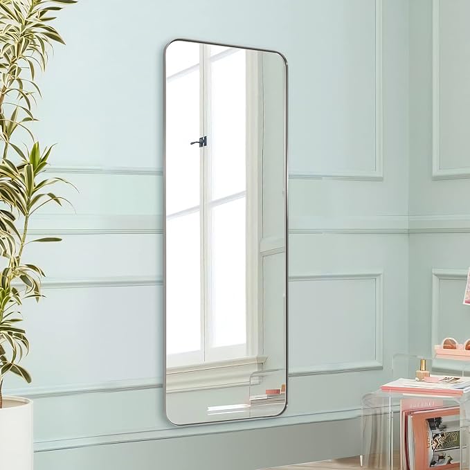 ANDY STAR 18" x 48" Full Length Wall Mirror, Large Brushed Nickel Mirror for Bathroom, Rounded Corner Rectangle Body Mirror for Floor and Leaning
