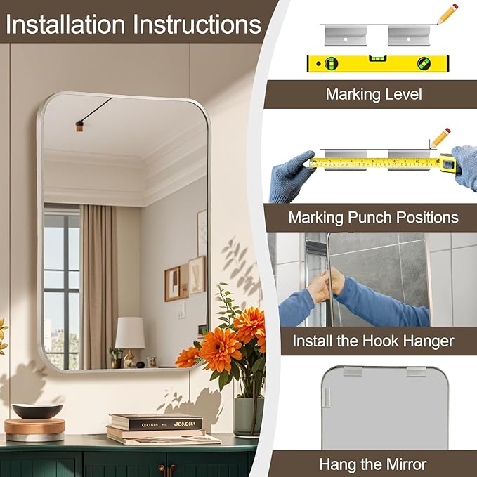 Brushed Nickel Bathroom Mirror, 24x32 Inch Aluminum Frame Rectangle Mirror, Anti-Rust, Tempered Glass, Wall Mirror for Over Sink, Vanity, Bedroom, Entryway, Horizontal/Vertical