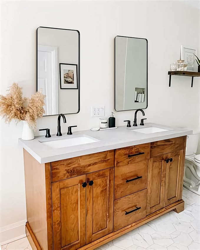 ANDY STAR Black Bathroom Mirror, 24”x40” Rounded Corner Rectangle Mirror, Modern Metal Frame Bathroom Vanity Mirror(Matte Black Finish)