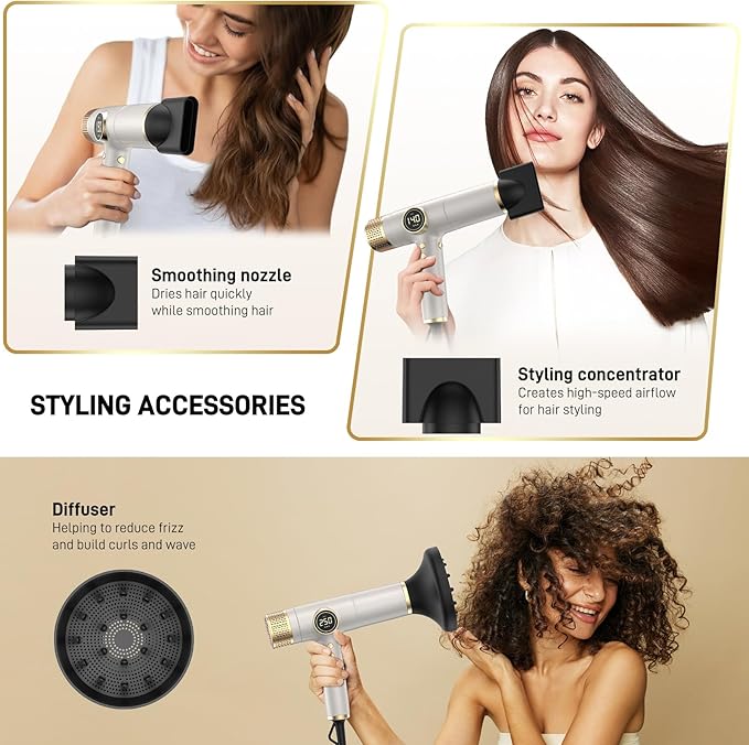 Dual Voltage Travel Hair Dryer with Diffuser - Professional High-Speed Ionic Blow Dryer for Women, Gold, HD01