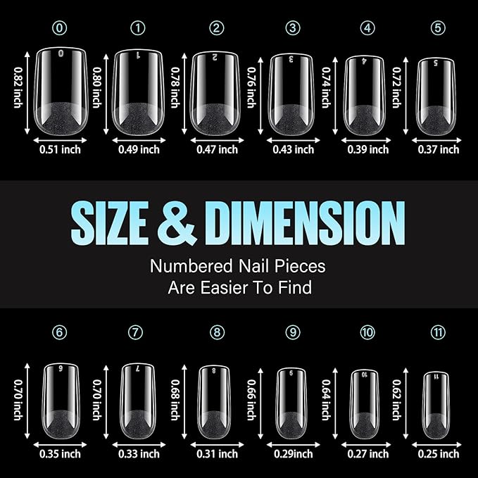 TOMICCA Short Square Nail Tips, 504Pcs Soft Acrylic Nail Tips Square, Press on Nail Acrylic False Nails for Nail Extension DIY Nail Salon 12 Sizes