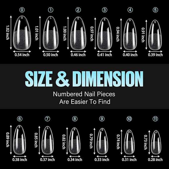 TOMICCA Medium Almond Nail Tips, 504Pcs Soft Acrylic Pre Etched Clear Fake Nails Tips Almond Shape Half Matte, Full Cover Nail Extension for Beginner and Professional 12 Sizes