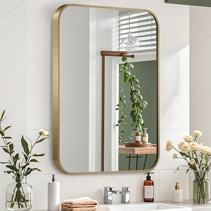 Gold Mirror, 48x30 Inch Framed Rectangle Mirror with Rounded Corner, Brushed Brass Mirror, Gold Bathroom Mirror for Over Sink, Vanity, Living Room, Bedroom, Horizontal/Vertical