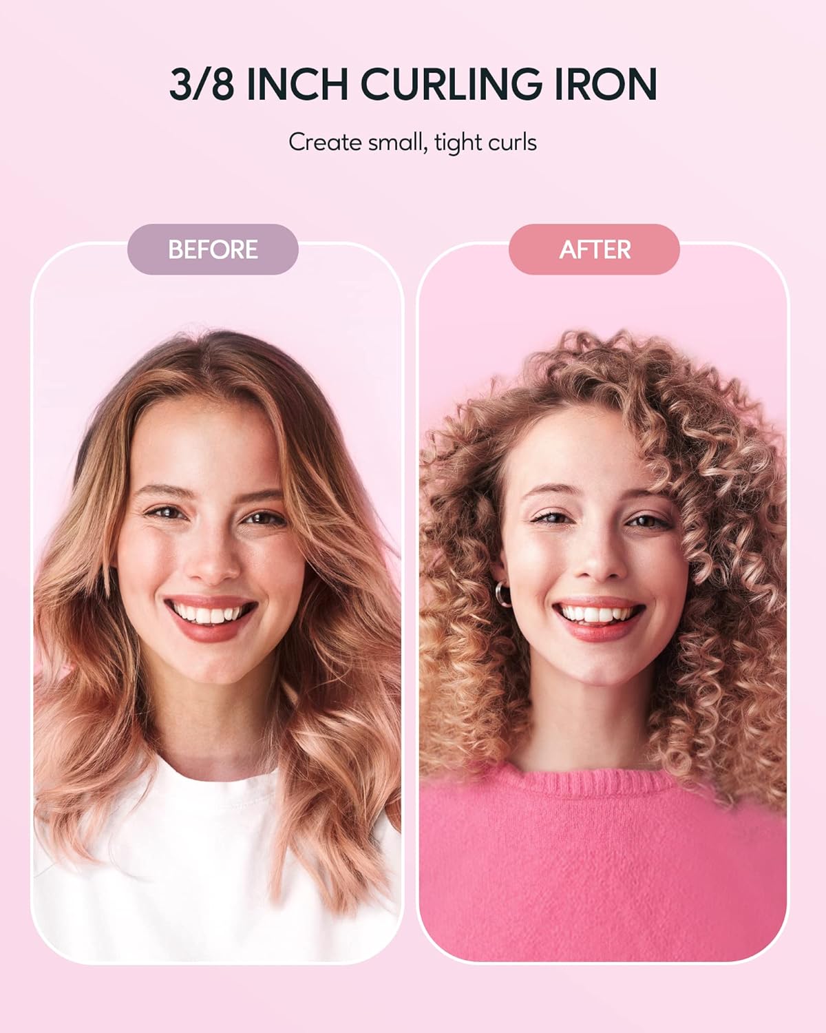 Wavytalk 3/8 Inch Small Curling Iron Wand for Short & Long Hair, Ceramic Barrel with Adjustable Temperature, Heat Resistant Glove Included (Rose Pink)