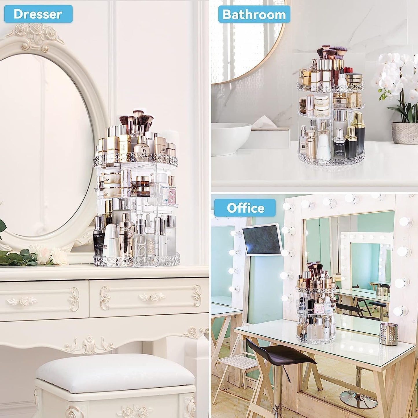 ZHIAI 360 Rotating Makeup Organizer, Large Capacity Cosmetics Organizer for Perfume Holder Organizer Countertop, DIY Adjustable Bathroom Makeup Carousel Holder Rack, Clear Diamond