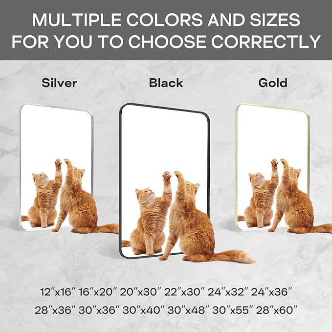 Brushed Nickel Bathroom Wall Mirror, Silver Metal Framed Large Rounded Corner Rectangle Mirror, Tempered Glass, Shatter Proof, Hangs Horizontally or Vertically (30" x 48", Silver)