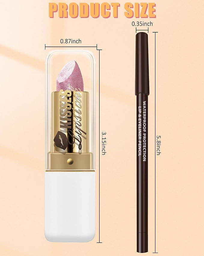 Shimmer Pink Lipstick with Brown Lip Liner Lips Combo Set, Long Lasting Shiny Glitter Diamond Plump Lipstick Kit, Full Coverage High Impact Lip Color, Nonstick Cup Lightweight Lips Makeup for Women-08