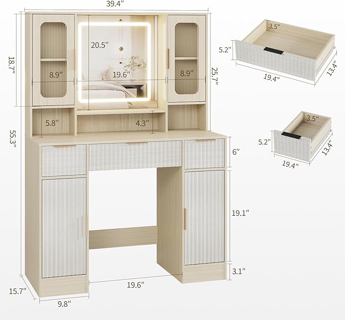 Large Vanity Desk with LED Lighted Mirror, Makeup Vanity Table with 2 Glass Cabinets, 2 Large Cabinets, 3 Drawers & 3 Shelves, Vanity Desk for Bedroom Bathroom, Natural