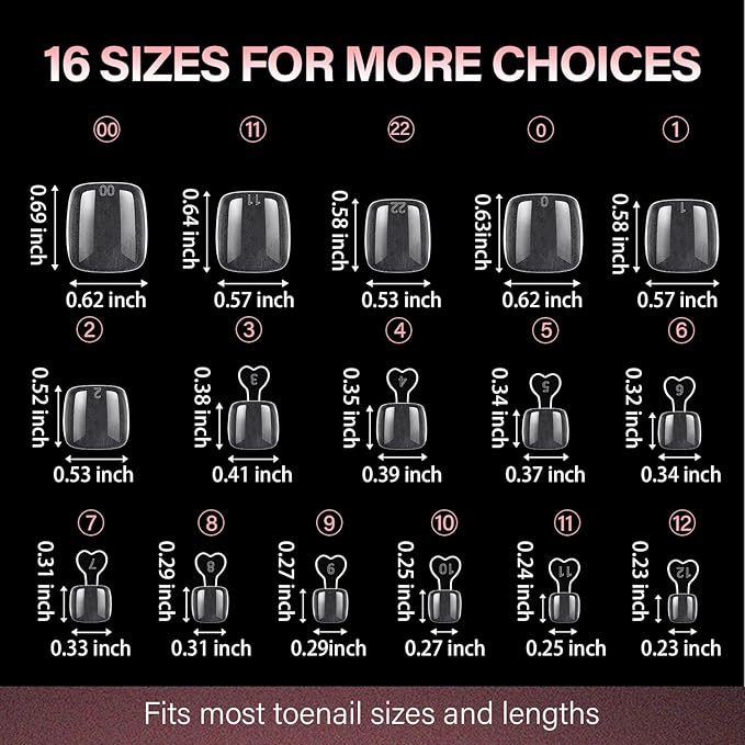 AILLSA 160Pcs 16 Sizes Short Squoval Toe Nail Tips, Pre-Etched Matte Clear Exterior Full Matte Interior Rigid Acrylic Press On Toenail Extensions for Petite Nails DIY & Salon Use