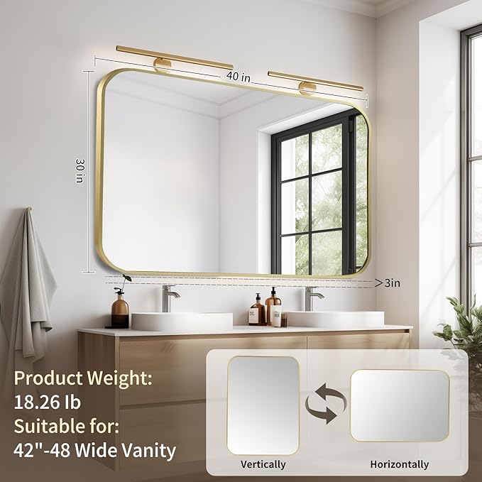 Gold Bathroom Mirror, 40x30 Inch Aluminum Frame Rectangle Mirror, Anti-Rust, Tempered Glass, Wall Mirror for Over Sink, Vanity, Bedroom, Entryway, Horizontal/Vertical