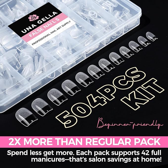 UNA GELLA Gel Nail Tips Square & Squoval Short, 504pcs Short Round Square Press on Nails Pre Etched Squoval Soft Gel Fake Nails Full Cover For Nail Extension Home DIY Salon 12 Sizes