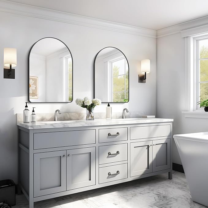 GLASHOM 20"x28" Black Arched Mirror for Bathroom, Wall Mounted Mirror, Aluminum Alloy Brushed Framed Wall Mirror, Anti-Rust, Large Mirror for Over Sink, Bedroom, Entryway Vertically Hanging