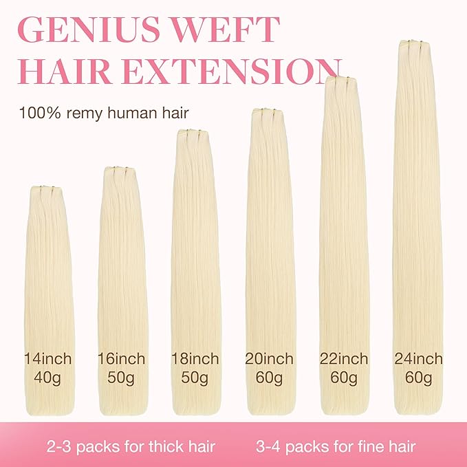 GOO GOO Genius Weft Hair Extensions Human Hair, Sew In Hair Extensions Rooted Remy Weft, 60A Platinum Blonde 22inch 60g, Hand Tied Weft Hair Extensions