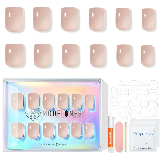 Modelones Sheer Greige Press on Nails, Short Square Fake Nails, Semi-Transparent Reusable Nail Kit with Nail Glue Adhesive Tabs Mini Nail File, Nails Press Ons 32Pcs16 Sizes, Women Girl Gift