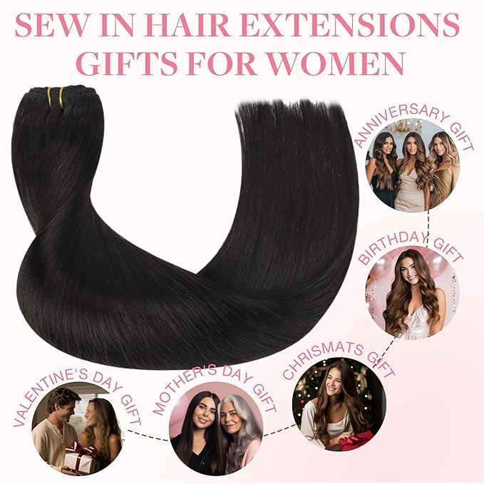 GOO GOO Sew in Hair Extensions Real Human Hair, Weft Hair Extensions Human Hair, 1B Natural black 22inch 110g, Weft Bundles Straight Silky Remy Hair