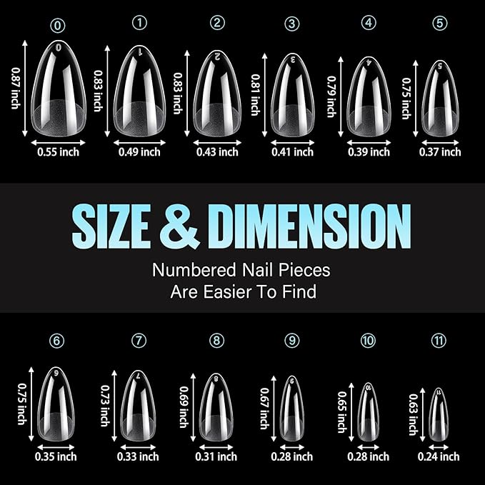 TOMICCA Medium Almond Nail Tips, 240Pcs Soft Acrylic Nails Tips Pre-Shaped Gel Tips, Medium Almond Press on Nails Clear Full Cover Fake Nails for Nail Extension Nail Salon 12 Sizes