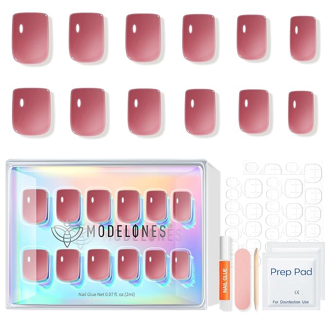 Modelones Rose Red Press on Nails, Valentines Short Square Fake Nails, Semi-Transparent Reusable Nail Kit with Nail Glue Adhesive Tabs Mini Nail File, Nails Press Ons 32Pcs16 Sizes, Women Girl Gift