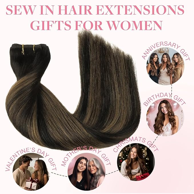 GOO GOO Sew in Hair Extensions Real Human Hair, Weft Hair Extensions Human Hair, 1B/6/1B Balayage Natural Black to Chestnut Brown 14inch 100g, Weft Bundles Straight Silky Remy Hair