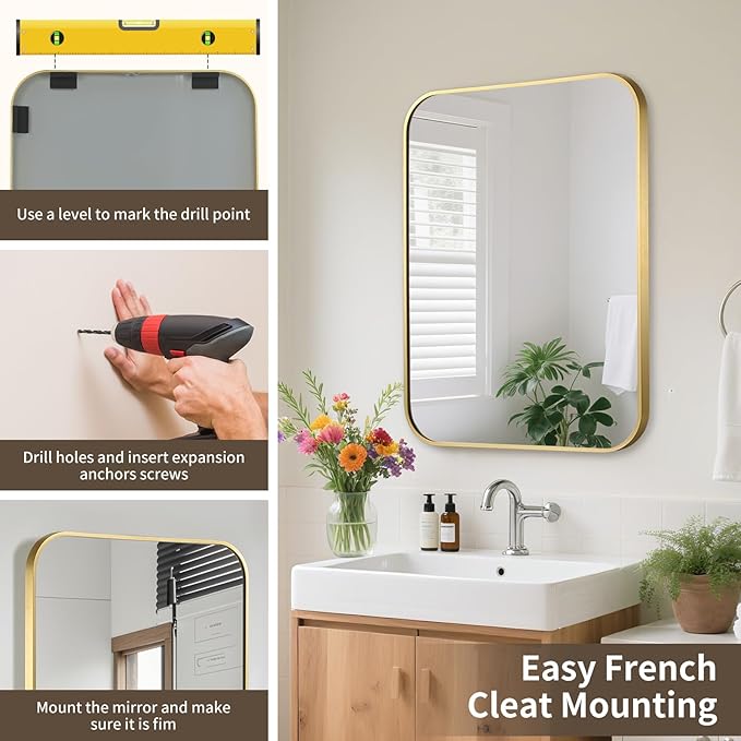 Gold Bathroom Mirror, 22x30 Inch Aluminum Frame Rectangle Mirror, Anti-Rust, Tempered Glass, Wall Mirror for Over Sink, Vanity, Bedroom, Entryway, Horizontal/Vertical