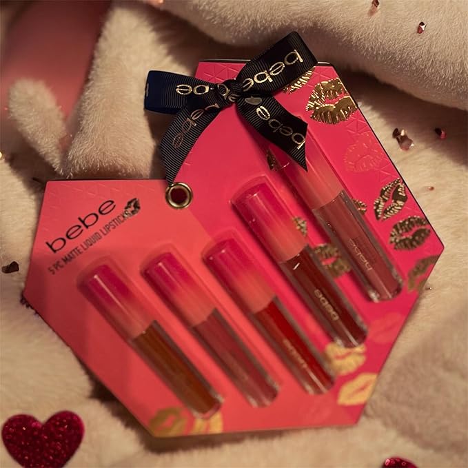 5 Pieces Matte Liquid Lipstick Set, Gift Set with Ribbon, Pink Packaging with Gold Kiss Accents durable lipstick beautiful valentines gift