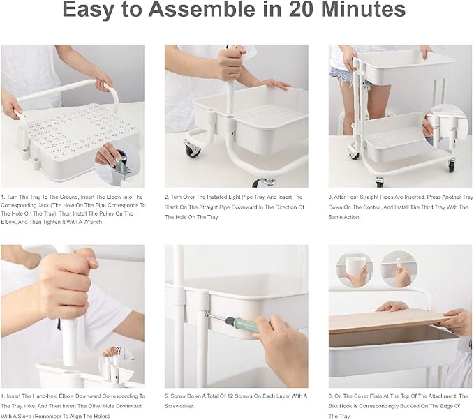 DTK 3 Tier Rolling Utility Cart with Cover Top Board, Movable Kitchen Storage Cart Trolley with Lockable Wheels, Cups, Hooks for Kitchen Bathroom Home Office Art Craft Storage and Organization(White)