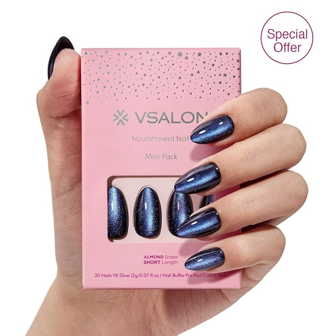 VSALON Press on Nails Short Almond - Blue Cat Eye Chrome Glitter Glossy Glue On Valentine Nails Kit, Reusable Opaque Gel Magnetic Effect Fake Nails with Glue - in 16 Sizes 32 Stick On Nails