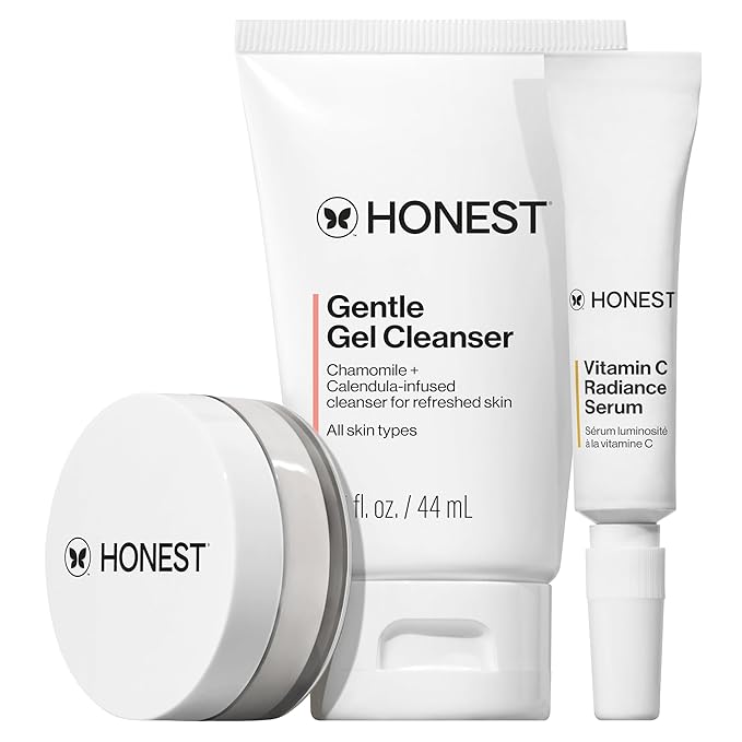 Honest Beauty The Icons Skincare Trio Travel Kit, Mini Hydrogel Cream, Gentle Gel Cleanser, Vitamin C Radiance Serum for Sensitive Skin, Vegan