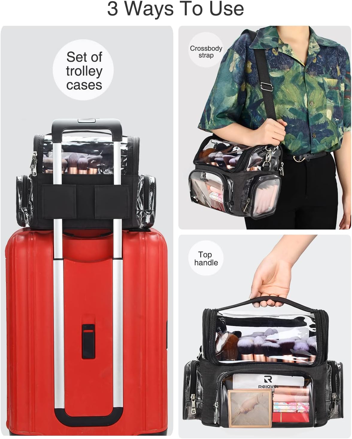 Makeup Brush Case, Large Makeup Brush Holder Professional Makeup Artist Travel Case Clear Waterproof Cosmetic Organizer Bag, Full Open Easy to Access, with Adjustable Strap and Dividers