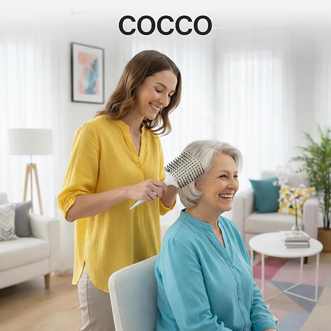 COCCO Aura Vent Boar Brush | Vented Dual-Curved Design for Faster Drying, Effortless Detangling & Shine, Boar + Nylon Bristles, Ergonomic Comfort Handle for Wet & Dry Hair Styling - White