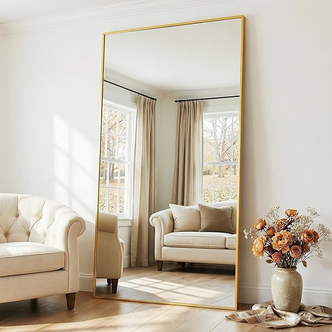 Suidia Full Length Mirror, 44"x76" Floor Mirror Freestanding, Rectangular Full Body Mirrors with Stand for Bedroom, Hanging Mounted for Living Room Cloakroom, Gold