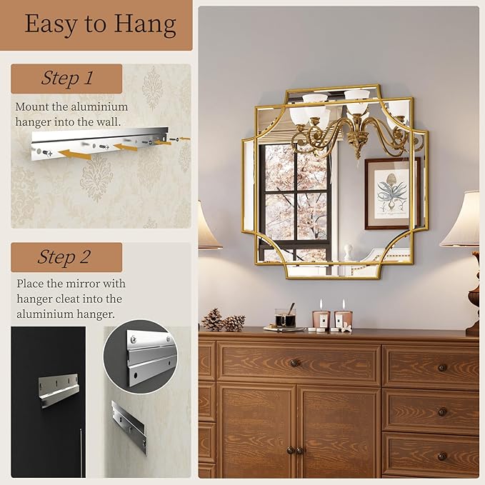 Kelly Miller Gold Framed Mirror for Wall, 26"x26" Gold Square Vanity Mirror Decorative Mirror Beveled Wall Decor for Bathroom Powder Room Living Room Bedroom Bedside Table Entryway Hallway