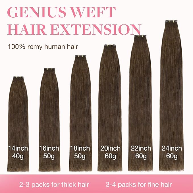 GOO GOO Genius Human Hair Extensions - Sew In Rooted Remy Weft, 4A Chocolate Brown 18 Inch 50g, Hand Tied