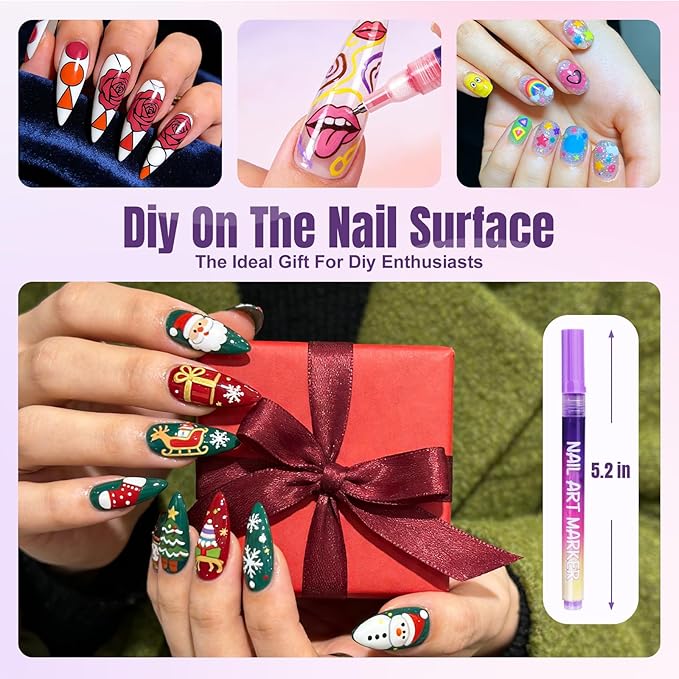 12 Colors Nail Art Markers Set- 0.5mm Ultra-Fine Tip Nail Art Pens, Quick-Dry Waterproof Nail Polish Pens, No UV Lamp Needed for DIY Nail Art/Beginners, Valentines Day Gift