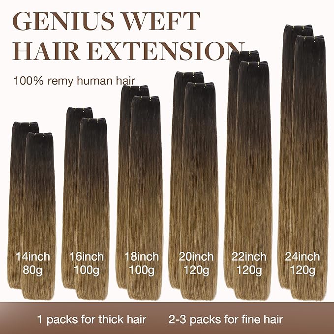 GOO GOO Genius Weft Hair Extensions Human Hair, Sew In Hair Extensions Rooted Remy Weft, 1D/2C/4E Chocolate Dip Color Melt 20inch 120g, Hand Tied Weft Hair Extensions