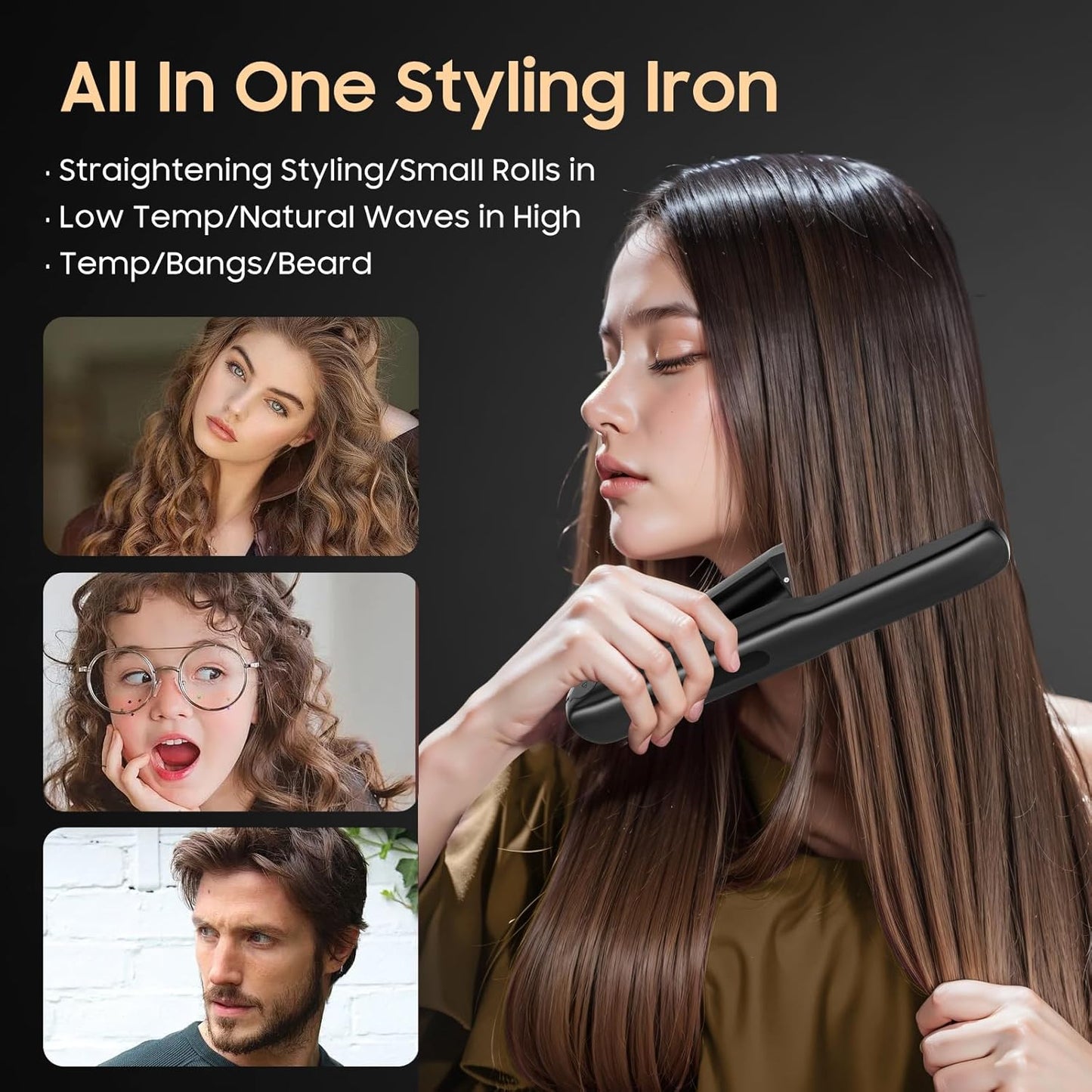 Cordless Hair Straightener and Curler 2 in 1, Titanium Flat Iron with Fast Heating, 4 Adjustable Temperature, Rechargeable Straightener for All Hair Types, Portable Styler for Travel (Black)