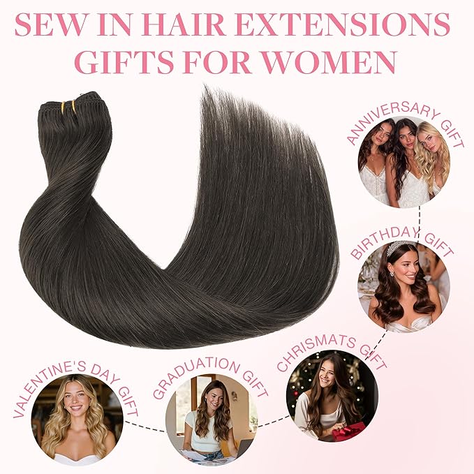 GOO GOO Sew in Hair Extensions Real Human Hair, Weft Hair Extensions Human Hair, 1C Mocha Brown 14inch 100g, Weft Bundles Straight Silky Remy Hair