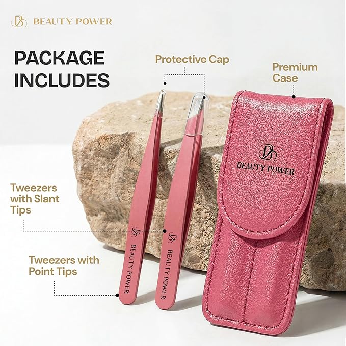 Professional Tweezers Set – Slant & Point, Ultra Precision German Stainless Steel Tweezers for Eyebrows, Chin, Ingrown Hair & Facial Grooming – Lightweight with Travel Case (Pink)