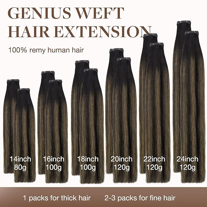 GOO GOO Genius Weft Hair Extensions Human Hair, Sew In Hair Extensions Rooted Remy Weft, 1B/6/1B Balayage Natural Black to Chestnut Brown 22inch 120g, Hand Tied Weft Hair Extensions