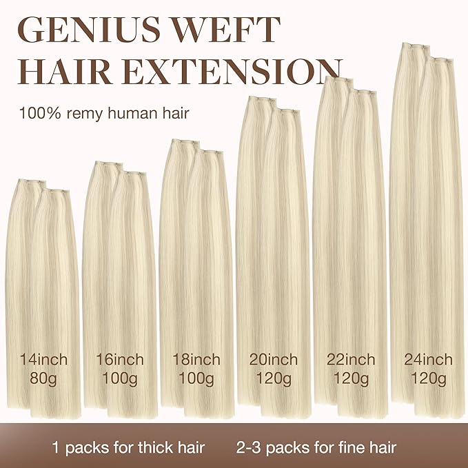 GOO GOO Genius Weft Hair Extensions Human Hair, Sew In Hair Extensions Rooted Remy Weft, 17A/60A Ash Blonde Highlighted Platinum Blonde 16inch 100g, Hand Tied Weft Hair Extensions