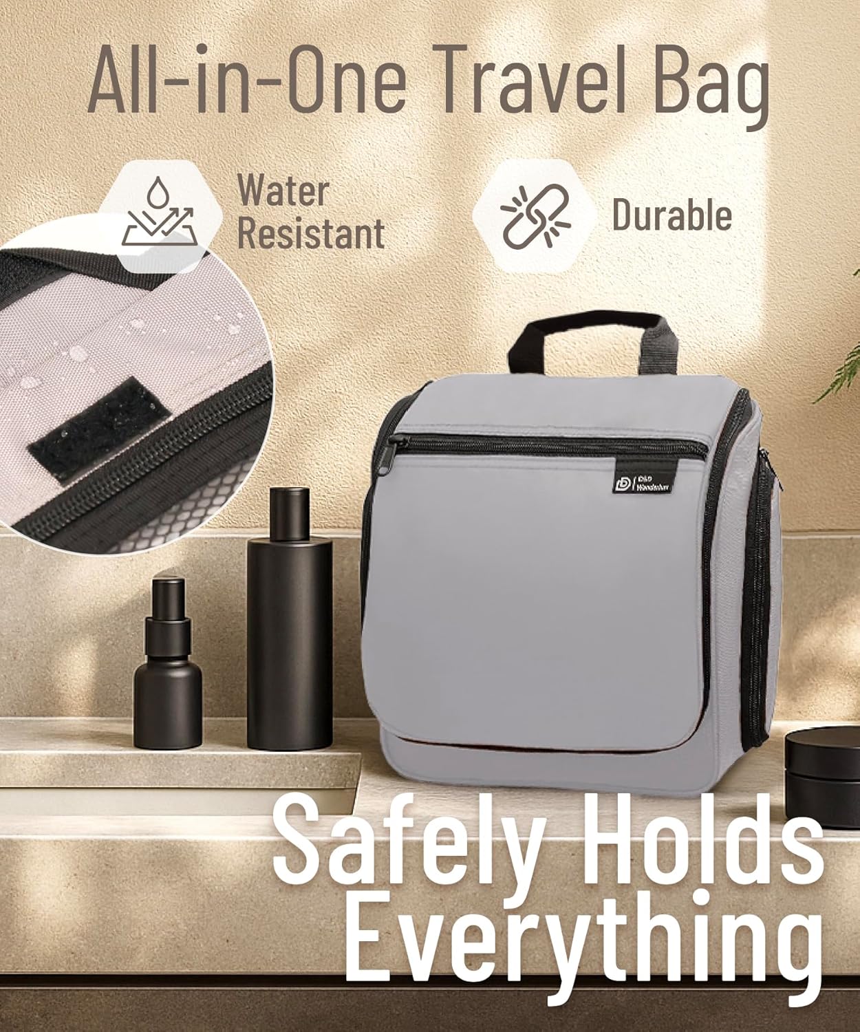 D&D Hanging Travel Toiletry Bag for Men and Women – Large Cosmetics, Makeup and Toiletries Organizer Kit with 10 Compartments, YKK Zippers, XXL Metal Swivel Hook, Water-Resistant Nylon