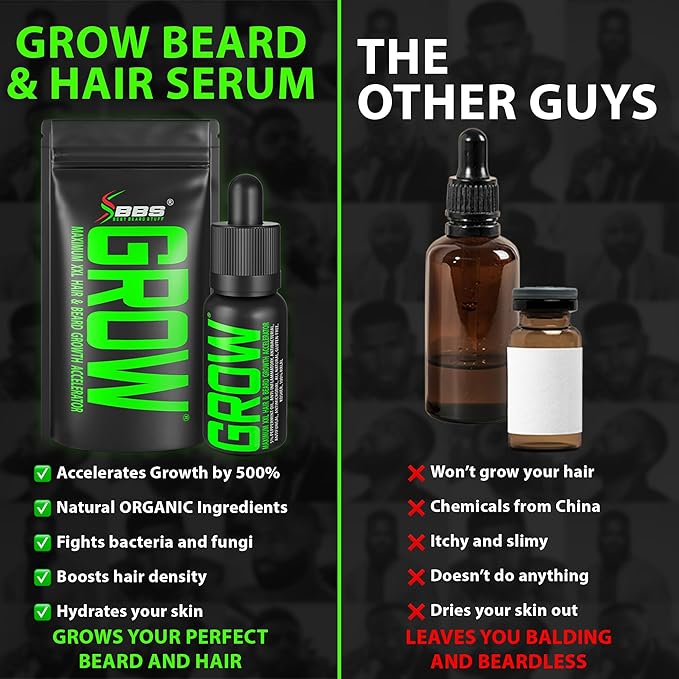 Beard Growth Serum - GROW Maximum XXL Beard Growth Oil for Men -Thickens & Fills Patches - Facial Hair & Scalp Treatment - Beard & Hair Thickening Conditioner & Enhancer
