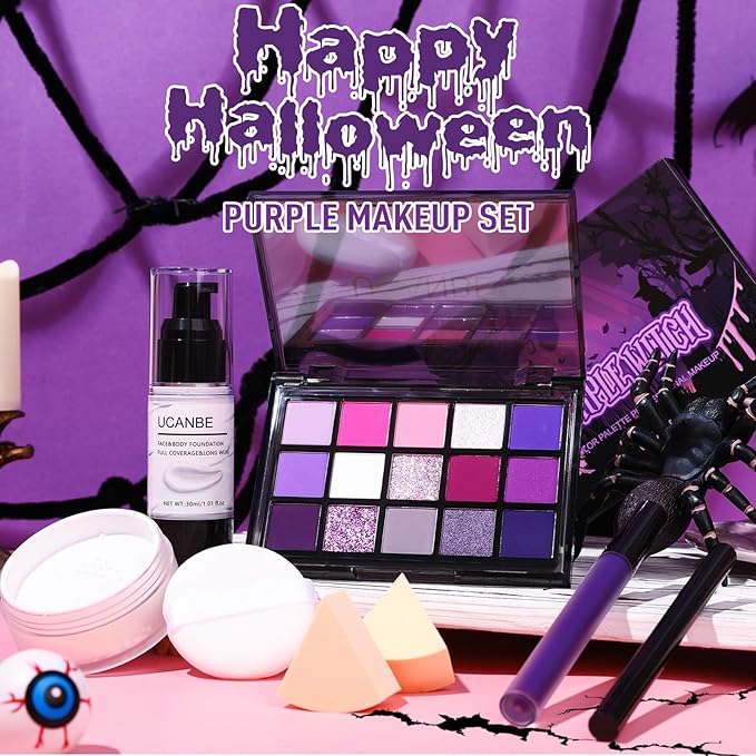 UCANBE Purple Halloween Makeup Kit – Witch Devil Sorceress Ursula Makeup Set for SFX Costume Cosplay - Eyeshadow Palette, White Foundation, Purple Lipstick, Black Eyeliner, Setting Powder & Sponges