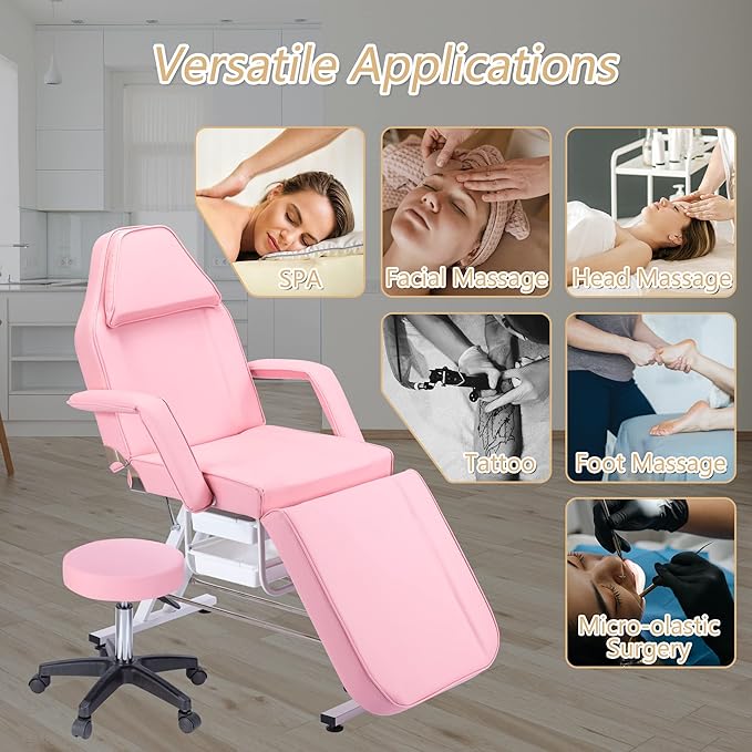 Favfurish Massage Salon Tattoo Chair,Multi-Purpose 3-Section Facial Bed Table, with Hydraulic Stool and Two Trays, Adjustable,fit for Beauty,Barber,Spa,Easy to Assemble, Pink