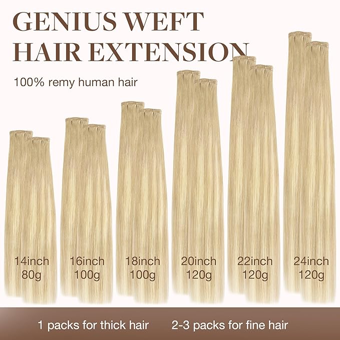 GOO GOO Genius Weft Hair Extensions Human Hair, Sew In Hair Extensions Rooted Remy Weft, 18A/60 Blonde Balayage 16inch 100g, Hand Tied Weft Hair Extensions