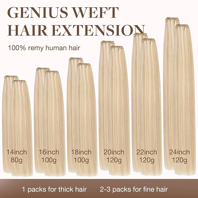 GOO GOO Genius Human Hair Extensions, Sew In Remy Weft, 18A/613A Dark Blonde Highlighted Bleach Blonde 24inch 120g, Hand Tied Weft